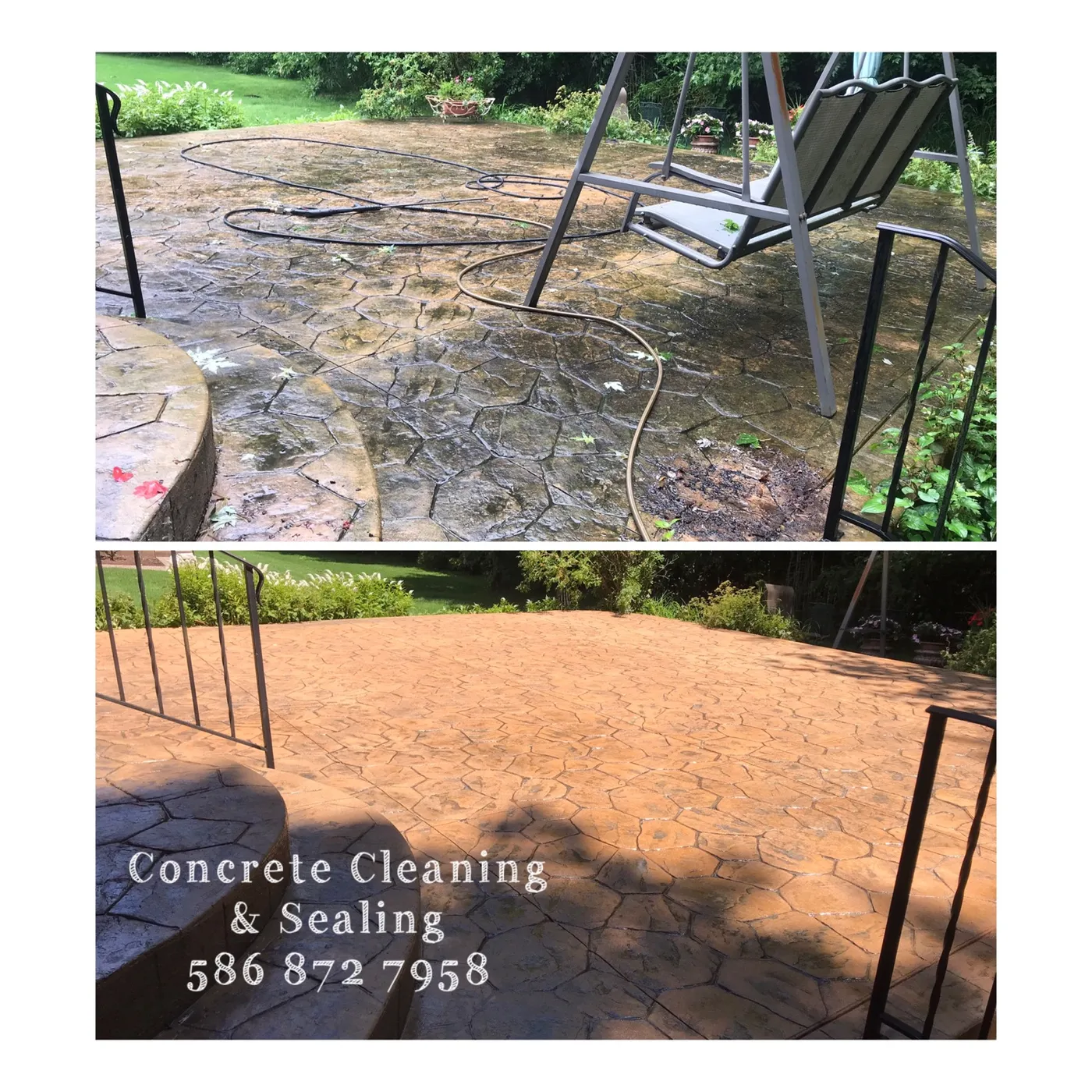 Stamped concrete patio before and after G&L cleaning and sealing
