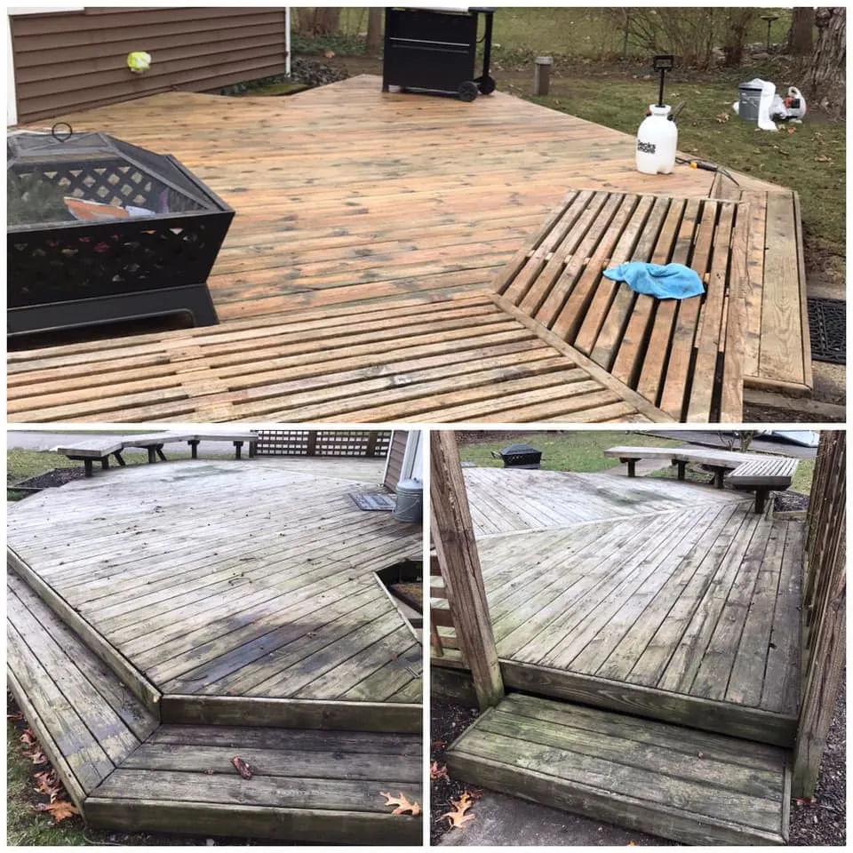 Wood deck with a fire pit, shown gray and weathered and then clean after a G&L wash