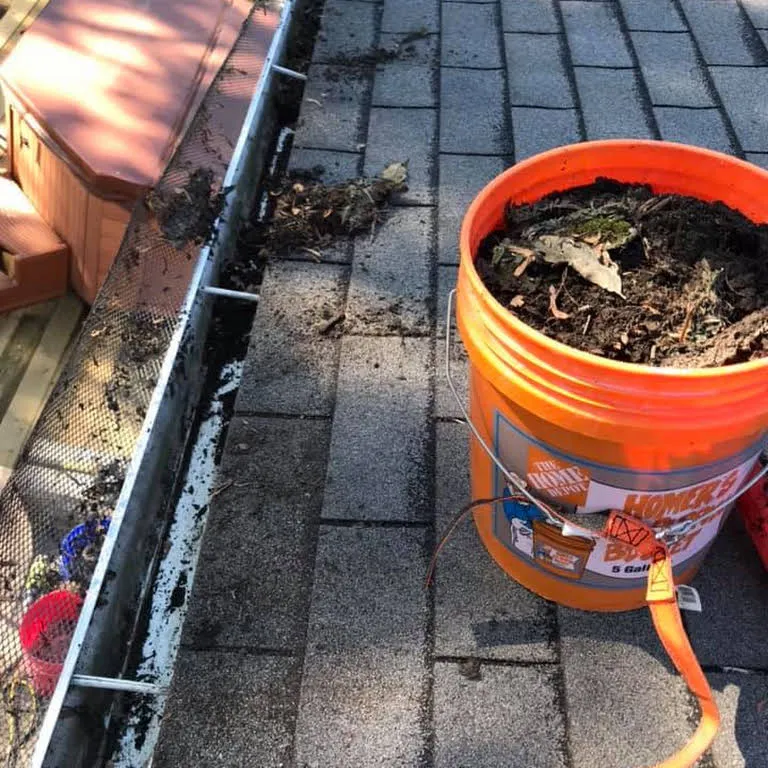 Orange bucket of wet leaves and sludge pulled from a gutter on a gray shingle roof