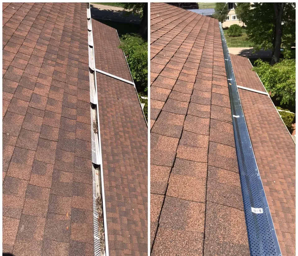 Two views of the same gutter, open and full of debris, then covered with a black mesh guard