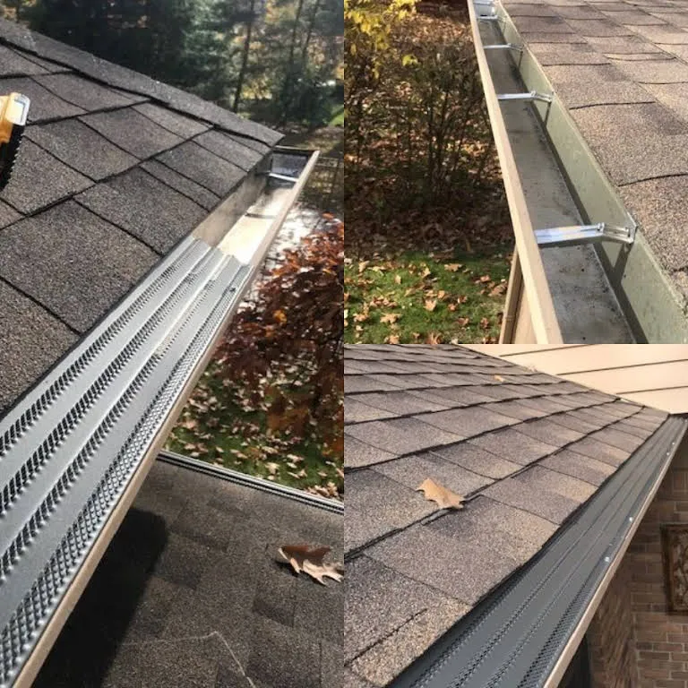 Gutter with a mesh guard fitted, and an open gutter full of leaves