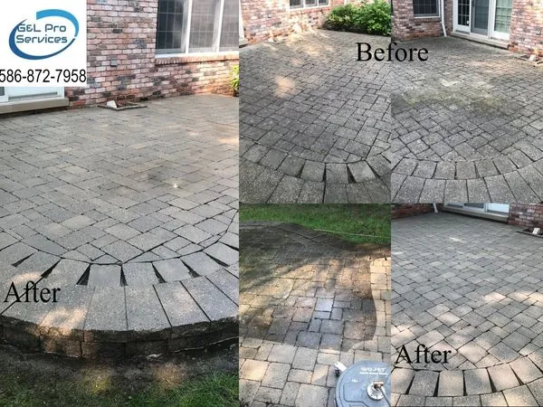 Circular paver patio beside a brick house, before and after