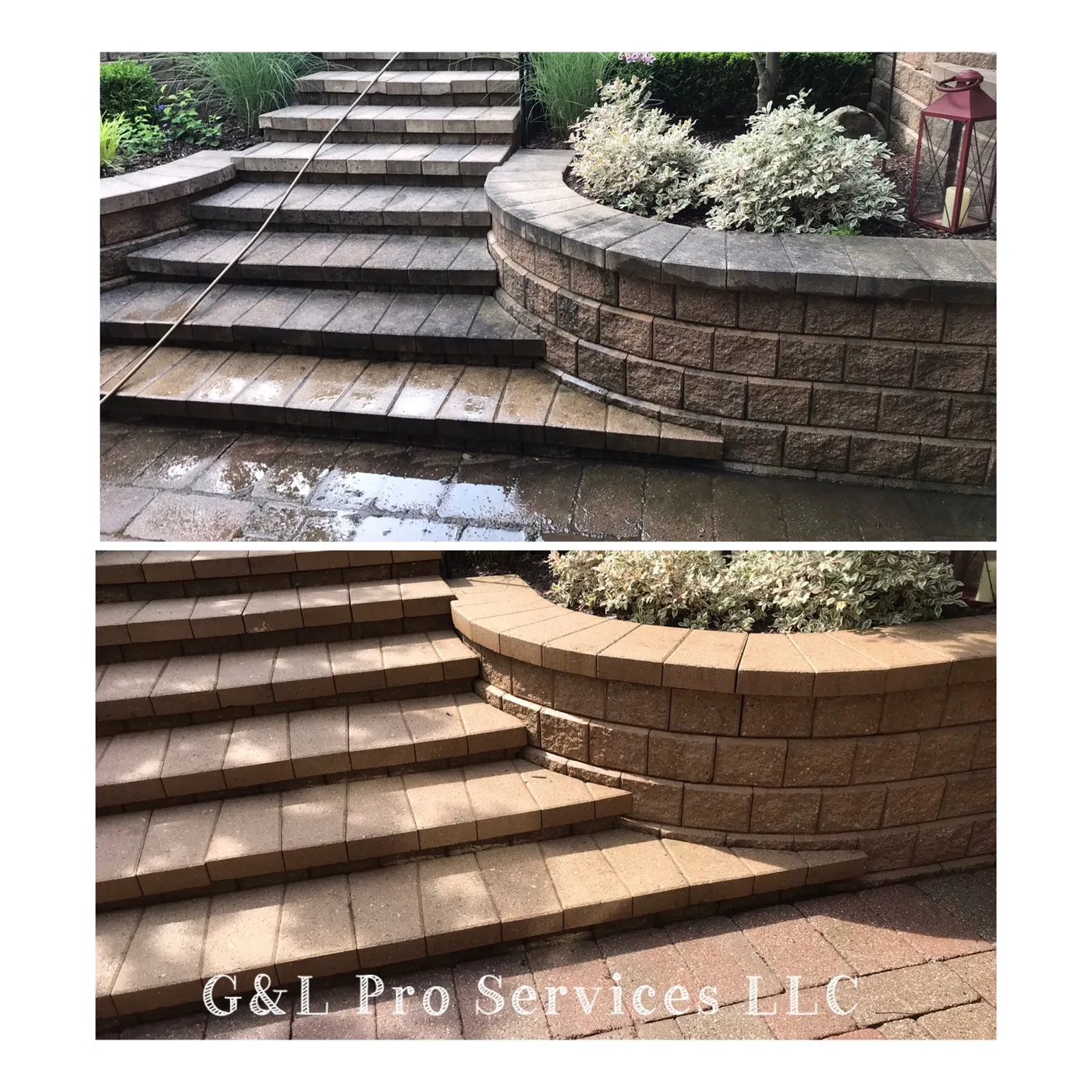 Paver steps and a curved block retaining wall, dark and stained on top, clean and tan below