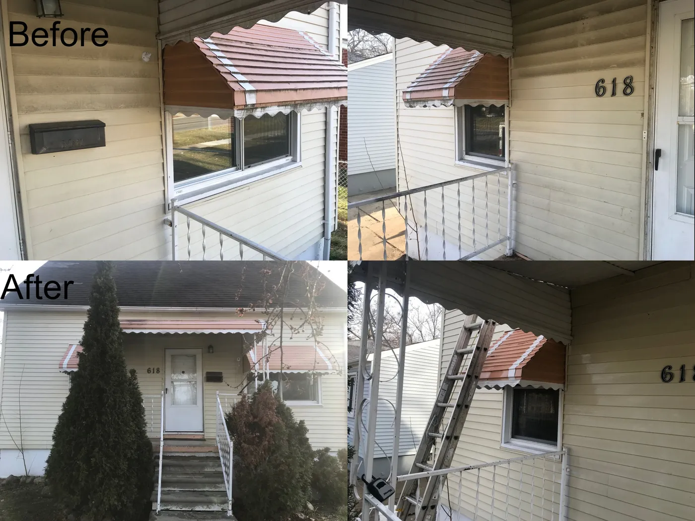 Front porch with awnings and railing, before and after a house wash