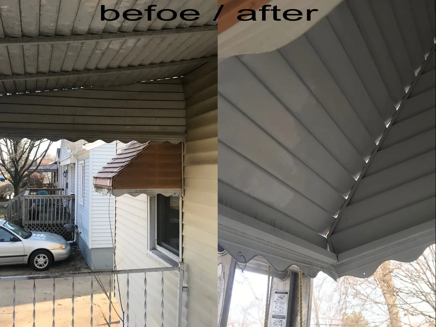 Porch ceiling panels gray with grime before and bright white after