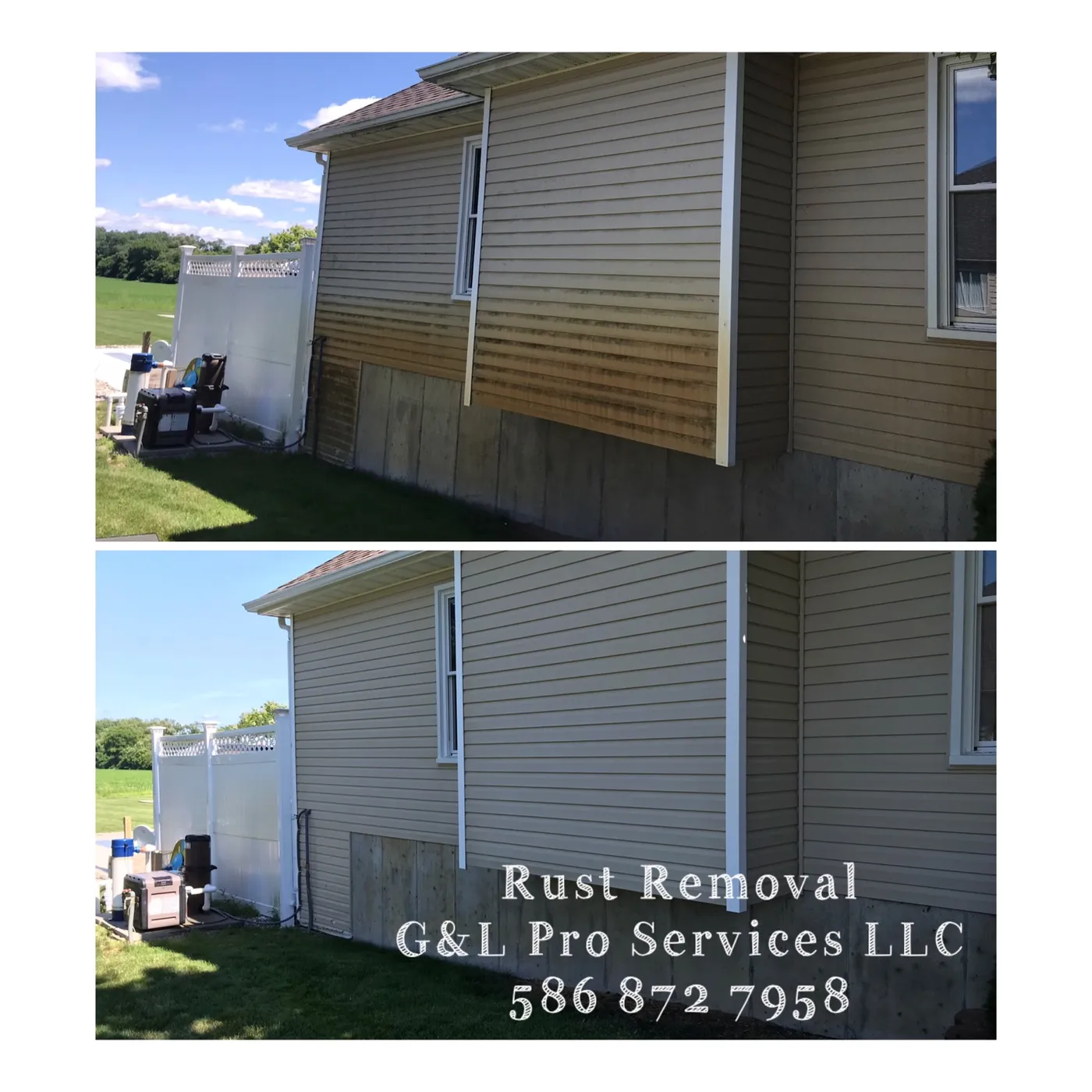 Yellow vinyl siding with orange rust stains before, and the same wall clean after rust removal