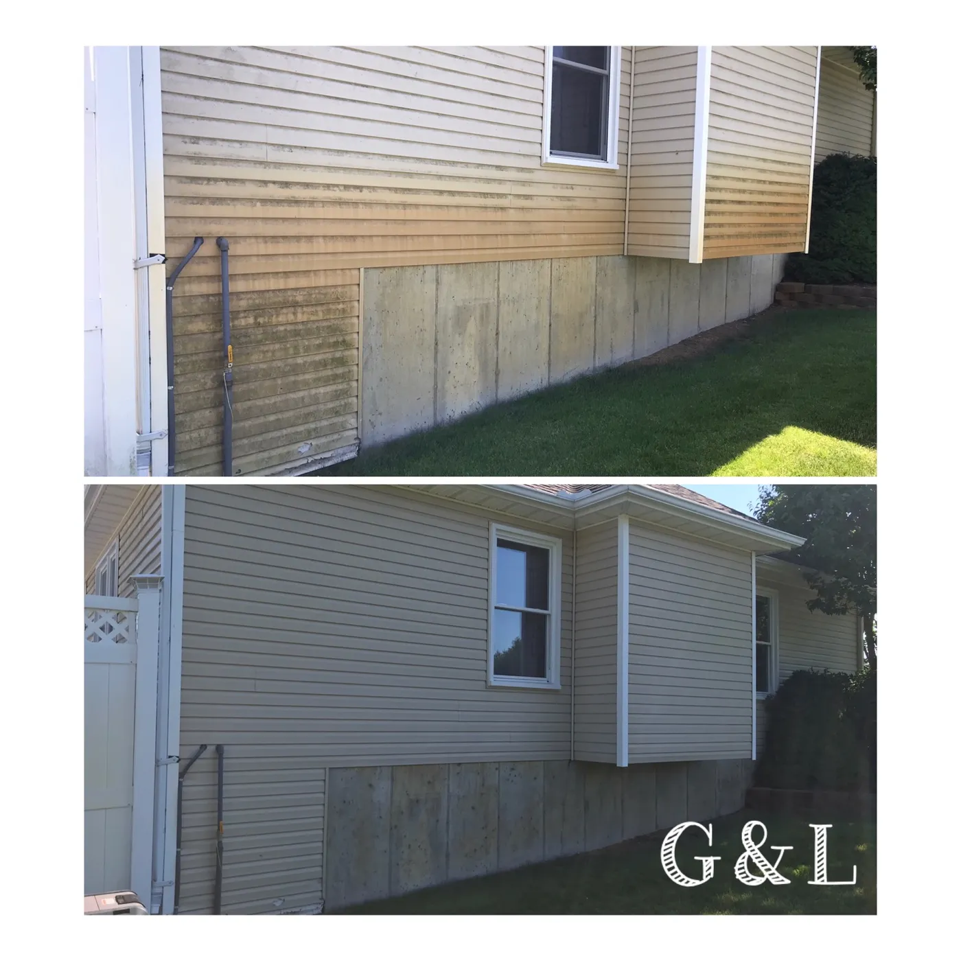 Beige vinyl siding with a dark mildew band at the bottom, then evenly clean after the wash