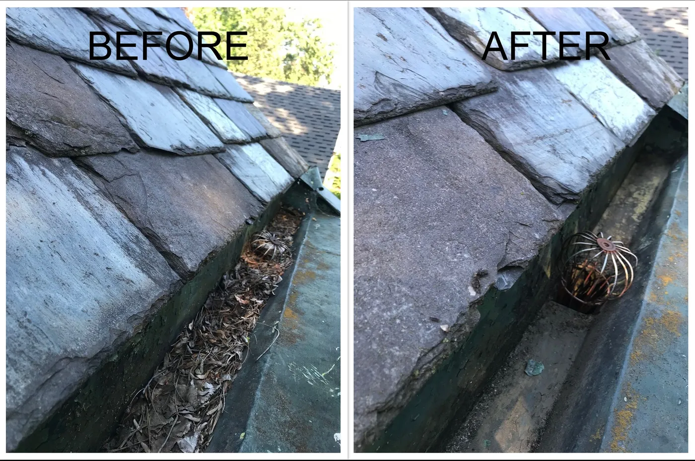 Gutter under a slate roof full of debris before and clean after