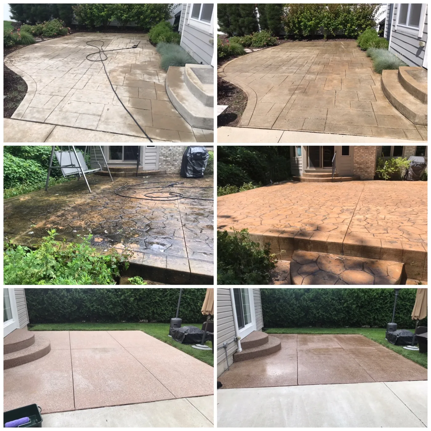 Stamped concrete patio and steps in six before and after photos