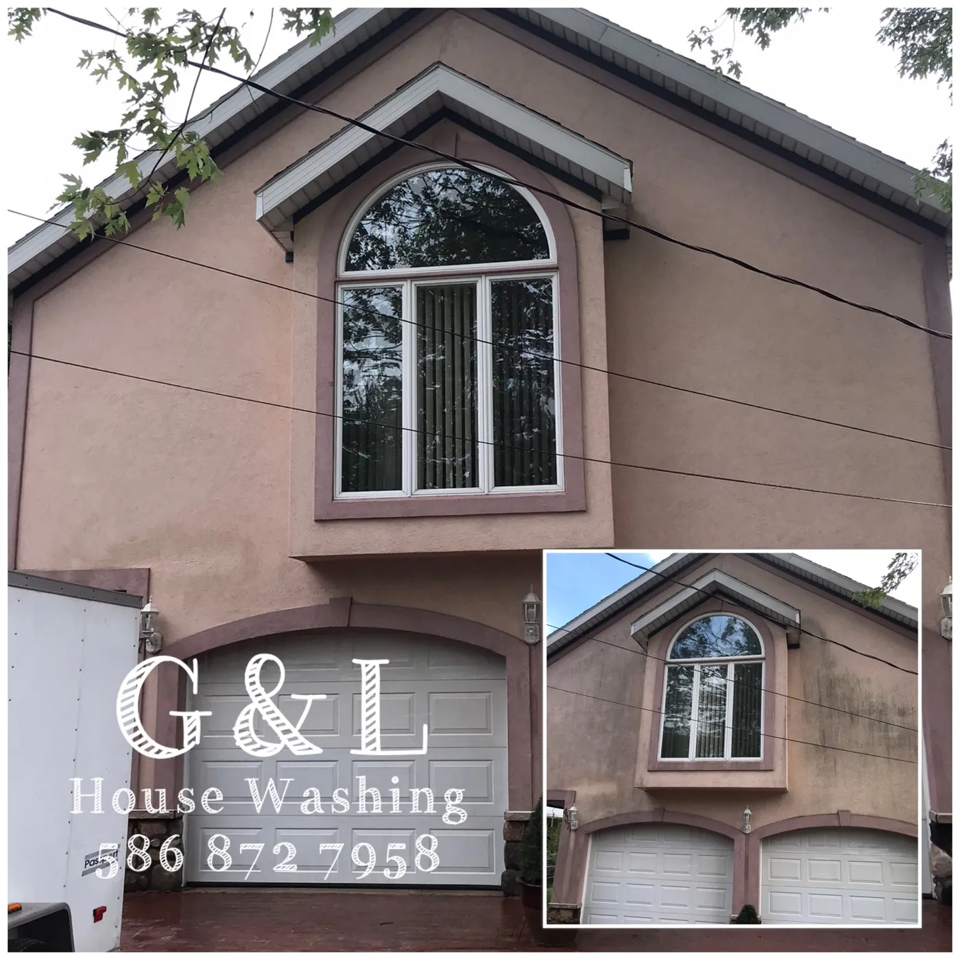 Stucco home with an arched window, streaked before and clean after a house wash