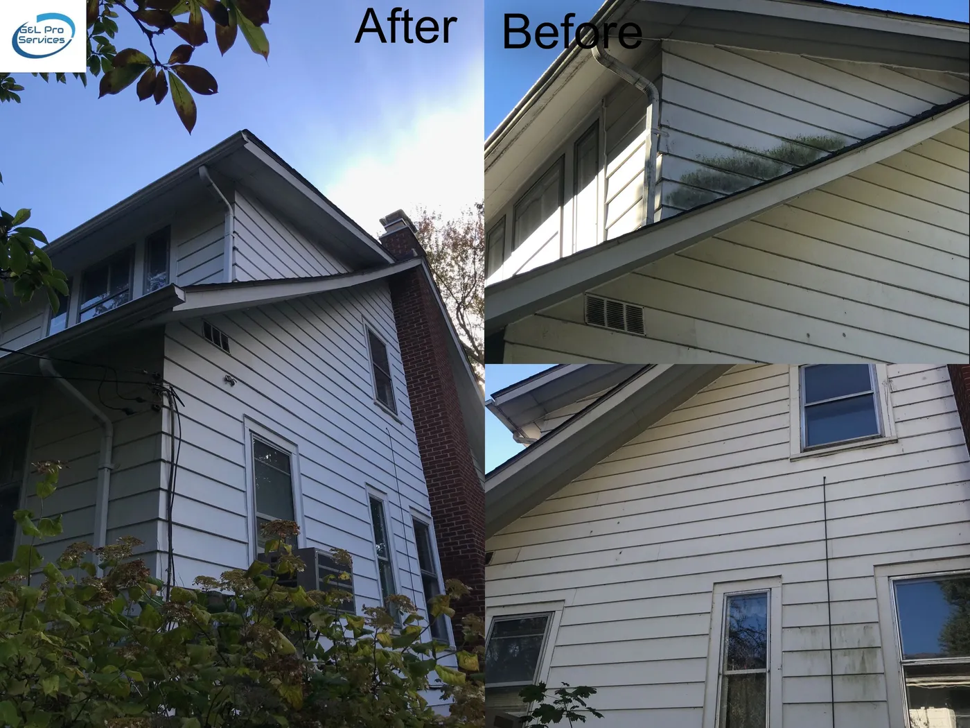 Two-story white sided house with green algae under the eaves before, and clean siding after